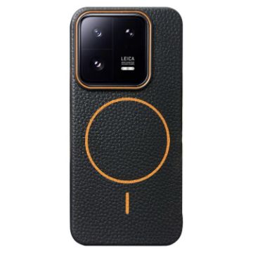 Xiaomi 13 Pro Black Orange TPU MagSafe Case, Litchi Grain Design - 1