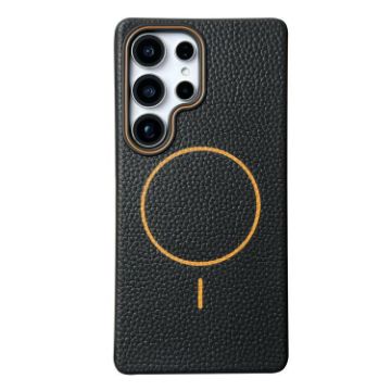 Galaxy S23 Ultra 5G Black Orange MagSafe Litchi Grain TPU Case - 1