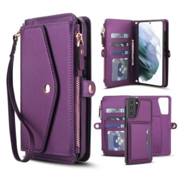 Samsung Galaxy S21 5G Leather Wallet Case with Lanyard (Dark Purple) - 1