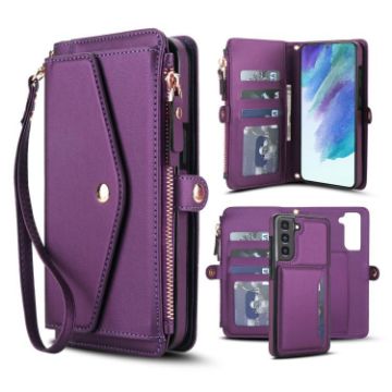 Galaxy S21 FE 5G Leather Wallet Case with Lanyard (Dark Purple) - 1