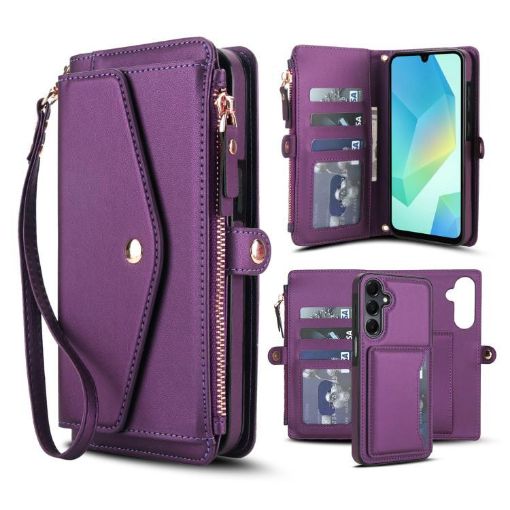 Samsung Galaxy A16 5G Leather Wallet Case with Lanyard, Dark Purple - 1