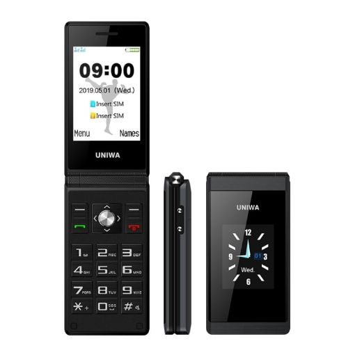 UNIWA X28 Dual-Screen Flip Phone, 2.8"+1.77", Dual SIM, Black - 1