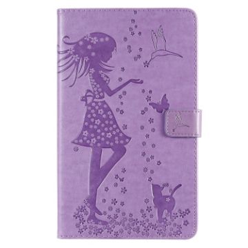 Galaxy Tab A 8.0 (2019) Woman & Cat Pattern Flip Case, Purple - 1