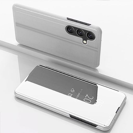 Samsung Galaxy M34 5G Silver Mirror Flip Leather Case with Holder - 1