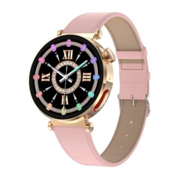 ET490 1.27" Smart Watch, Leather Strap, Bluetooth Call, ECG, Pink - 1