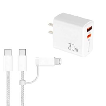 PD31 30W USB-C/USB-A Charger + 2-in-1 Cable, US Plug (White) - 1