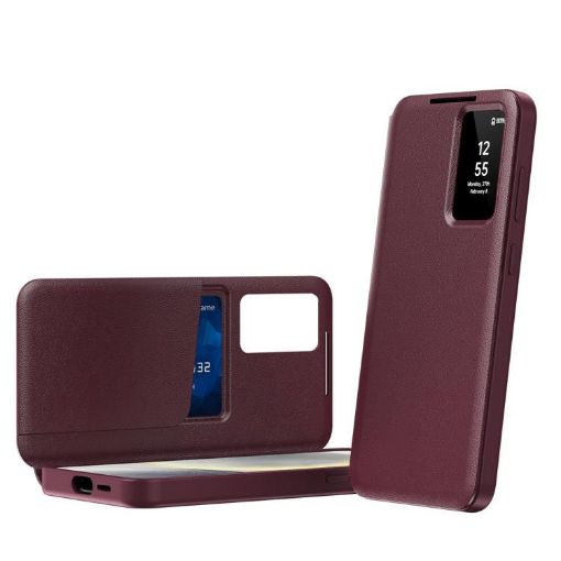 Galaxy S25+ 5G Red Leather Case with Card Slot & Smart View Window - 1