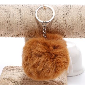 Brown Fur Ball Pompon Keychain - Rabbit Fur Key Ring for Women - 1