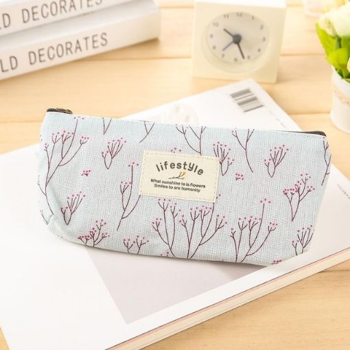 Floral Canvas Zipper Pencil Case - Flower Tree Design (Light Blue) - 1