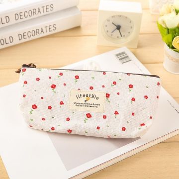 White Flower Floral Canvas Zipper Pencil Cases & Pen Bags - 1