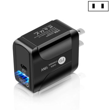 18W PD + QC 3.0 Fast Charger Adapter with LED, US Plug, Black - 1
