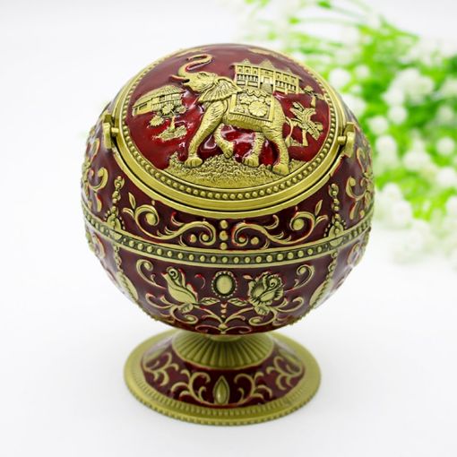 Wine Red Elephant Metal Globe Ashtray with Lid - Holiday Gift Decor - 1