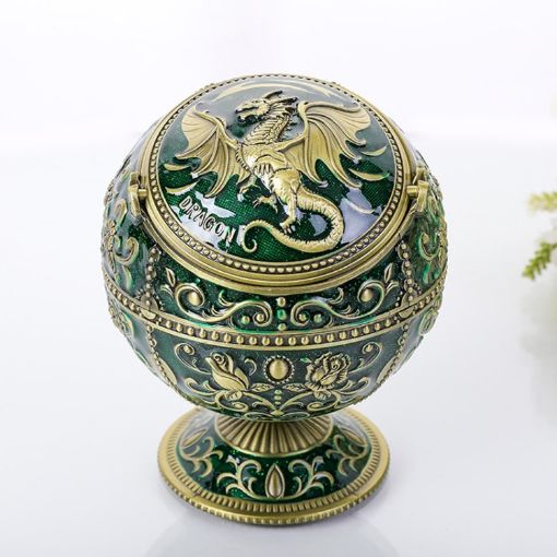 Dragon Ancient Copper Green Metal Globe Ashtray With Lid - 1
