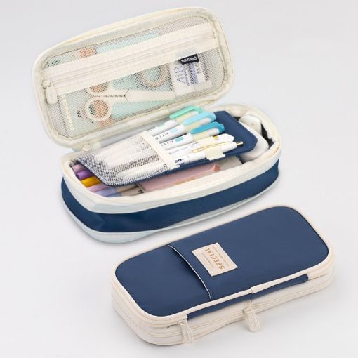 Angoo Macaron Large-Capacity Dark Blue Pencil Case Box - 1