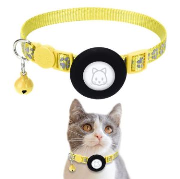 Yellow Pet Cat Reflective Collar with Airtag Tracker Bell - 1