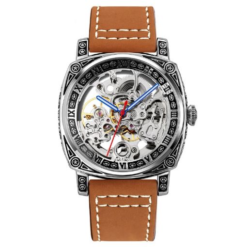 SKMEI 9271 Waterproof Mechanical Watch, Brown Leather Strap - 1