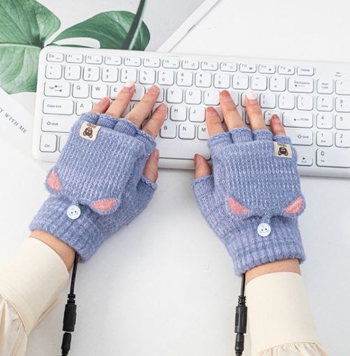 Winter USB Heated Half Finger Gloves with Cover, Free Size, Blue - 1