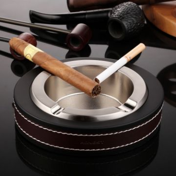 Metal & Cowhide Leather Cigar Ashtray - Silver, Personalized - 1