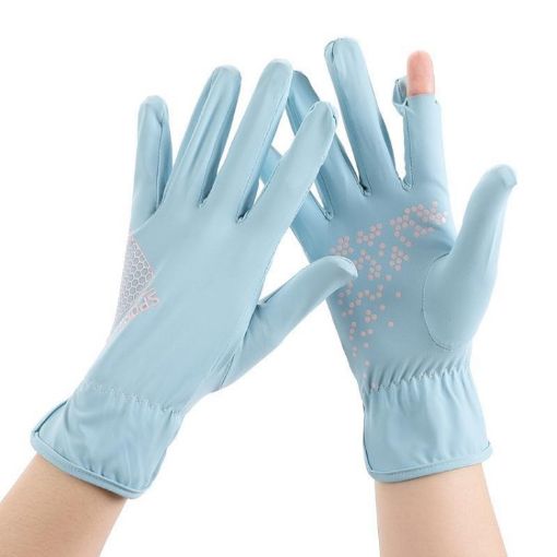 Sky Blue Summer Ice Silk Anti-UV Non-slip Driving Gloves - 1