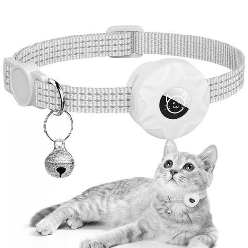 Reflective Silicone AirTag Tracker Pet Collar with Bell (White) - 1