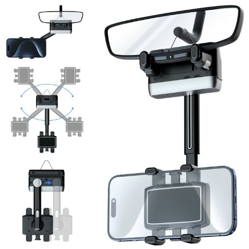360 Rotating Car Rearview Mirror Phone Holder - Black - 1