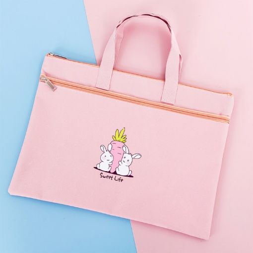 Little Rabbit Pink Canvas Zipper A4 File Bag for Students - 1