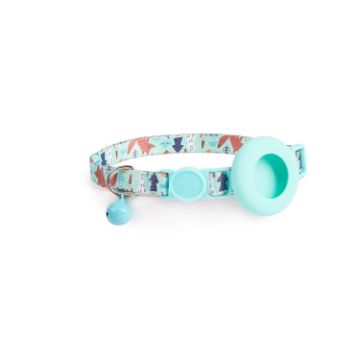AirTag Pet Collar Holder, Bell & Safety Buckle, Blue Forest Design - 1