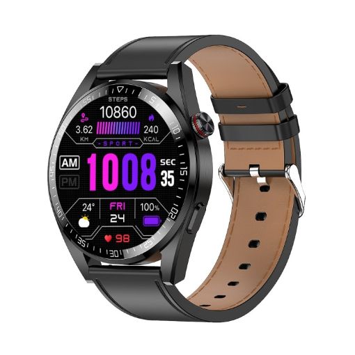 1.43" AMOLED Smartwatch, HR & BP Monitor, Bluetooth, Black Leather - 1