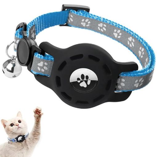 Reflective Blue Pet Collar with AirTag Silicone Case and Bell - 1