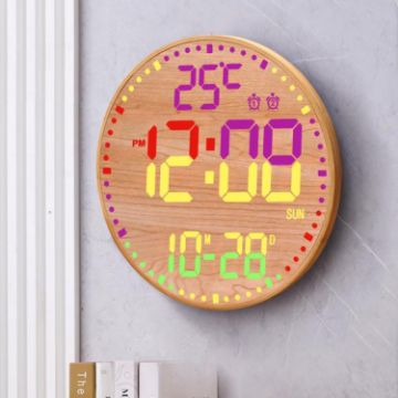 11.6" RGB Wall Clock, Remote-Controlled, Multi-Functional, Bamboo - 1