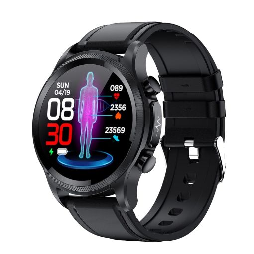 E400 Smart Watch 1.39" HD Round Screen, ECG, Blood Sugar, Black Leather - 1