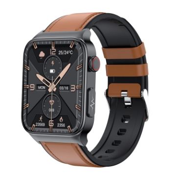 E500 Smart Watch: 1.83" HD, ECG, Blood Sugar, Leather Strap (Brown) - 1