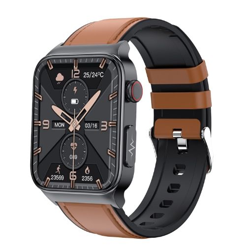 E500 Smart Watch: 1.83" HD, ECG, Blood Sugar, Leather Strap (Brown) - 1