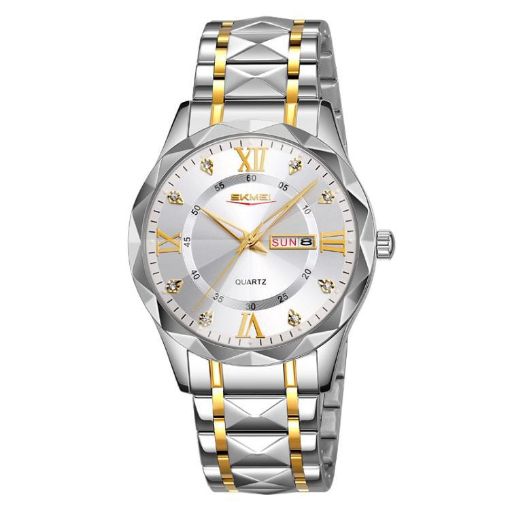 SKMEI Men's Quartz Watch, Diamond Case, Silver Gold Strap, Waterproof - 1