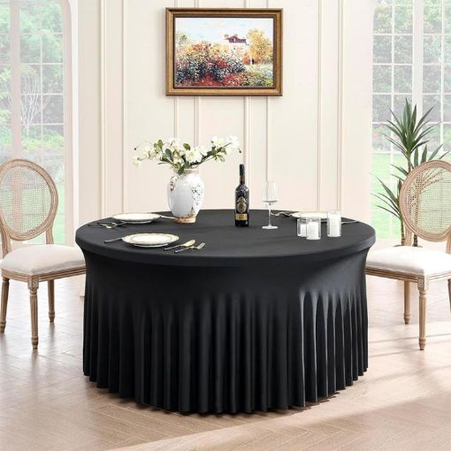 5FT Black Polyester Elastic Tablecloth Skirt for Wedding & Party - 1