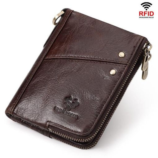 HUMERPAUL BP852 RFID Brown Leather Anti-Theft Double Zipper Wallet - 1