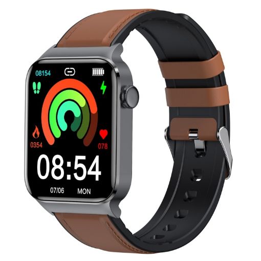 T50 1.85" Brown Leather Smart Watch IP67 Waterproof Voice Assistant - 1