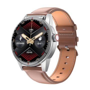 R6 1.32" Round Screen Smart Watch & Bluetooth Earphone Combo, Brown Strap - 1