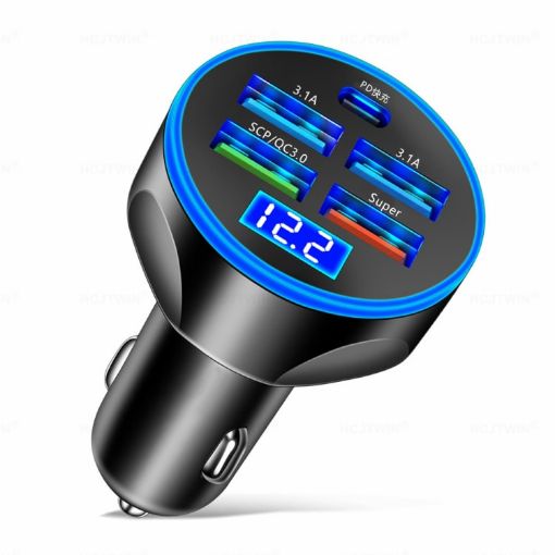 WGS-G37 5 in 1 Car Charger with Voltmeter - Super Fast Charging, Black - 1