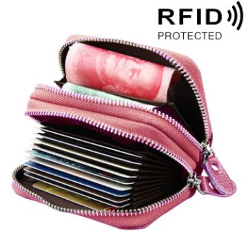 Pink Genuine Leather Card Holder Wallet RFID Blocking, 10.5x7.0x4.0cm - 1