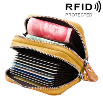 Yellow Genuine Leather RFID Blocking Card Holder Wallet, Dual Zipper, 10.5x7x4cm - 1