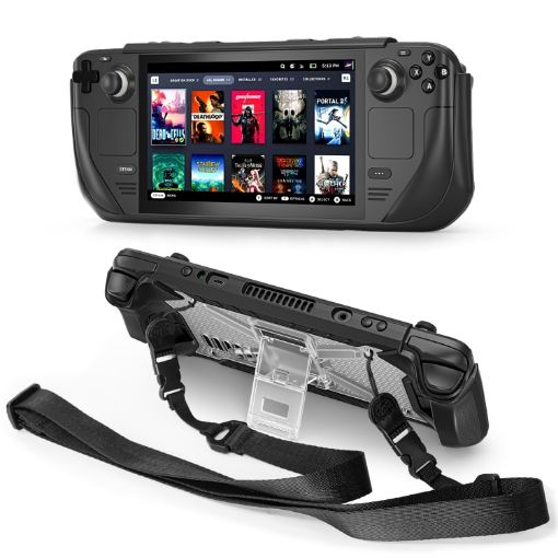 Shockproof Game Console Case for Steam Deck with Holder & Strap (Black+Transparent) - 1