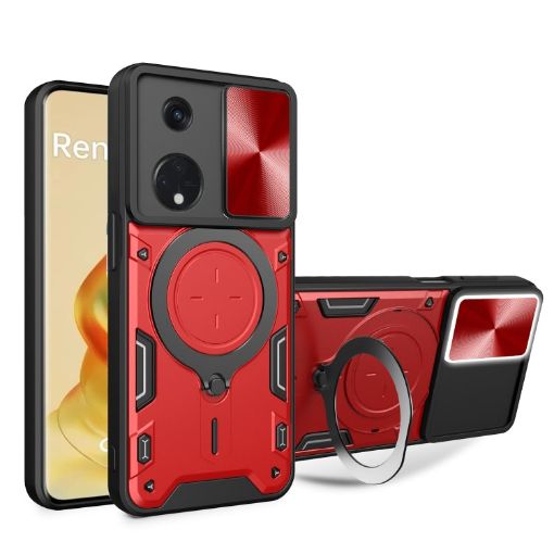 OPPO Reno8 T 5G Red Case - CD Texture, Sliding Camshield, Magnetic Holder - 1