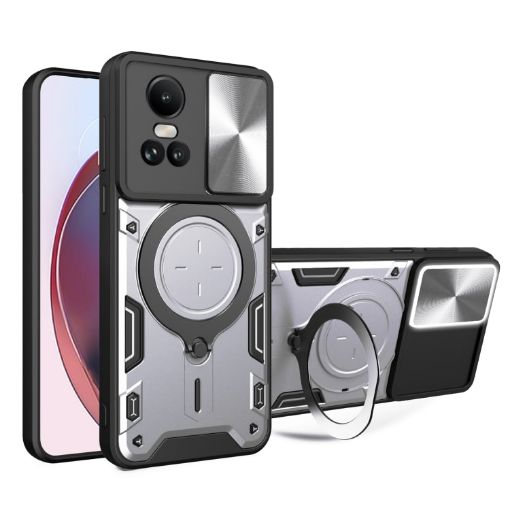 OPPO Reno10 5G Silver Case: CD Texture, Sliding Camshield, Magnetic Holder - 1
