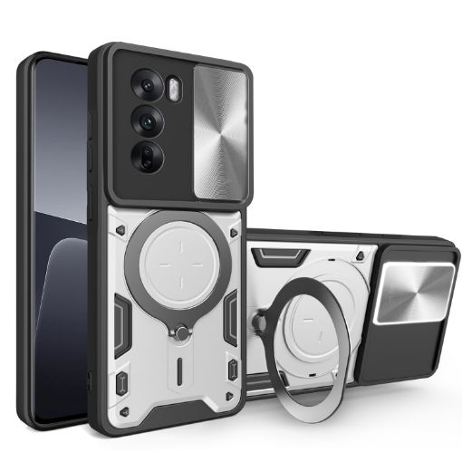 OPPO Reno12 5G Silver Case: CD Texture, Sliding Camshield, Magnetic Holder - 1