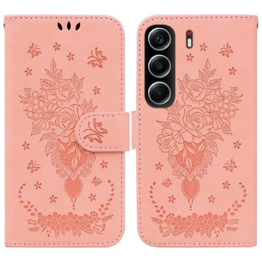 Tecno Camon 40 Pink Butterfly Rose Embossed Leather Phone Case - 1