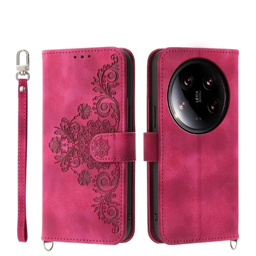 Xiaomi 14 Ultra Wine Red Embossed Flowers Leather Wallet Phone Case - 1