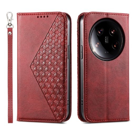 Xiaomi 14 Ultra Red Magnetic Leather Phone Case - Cubic Grid Calf Texture - 1