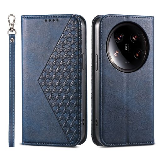Xiaomi 14 Ultra Blue Magnetic Leather Phone Case - Calf Texture Cover - 1