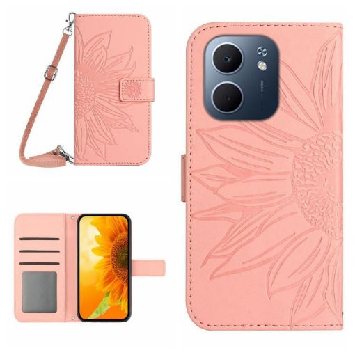 OPPO A5x 4G/5G Sun Flower Embossed Flip Leather Case with Lanyard Pink - 1